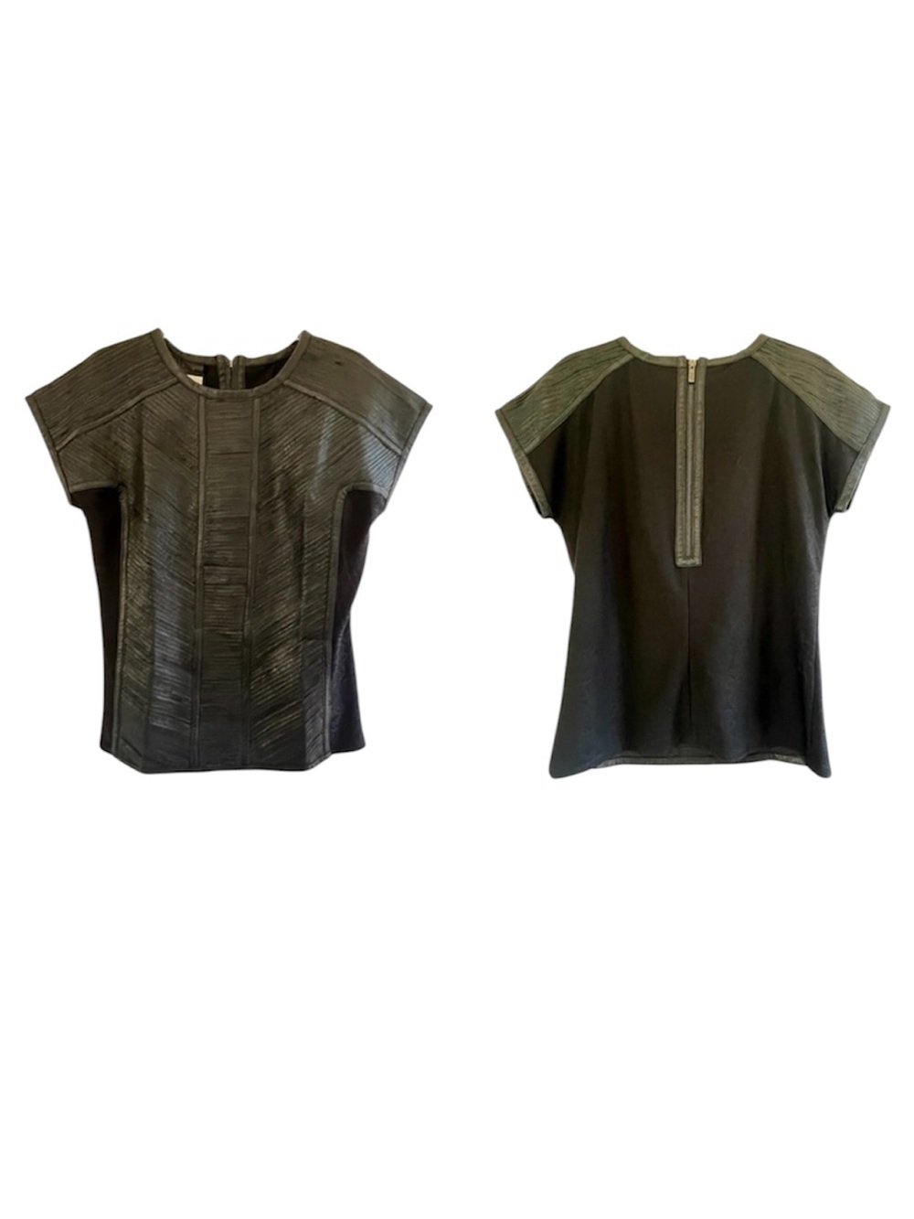 Badgley Mischka Black Faux Leather Pleated Paneled Mixed
Media Top SZ M